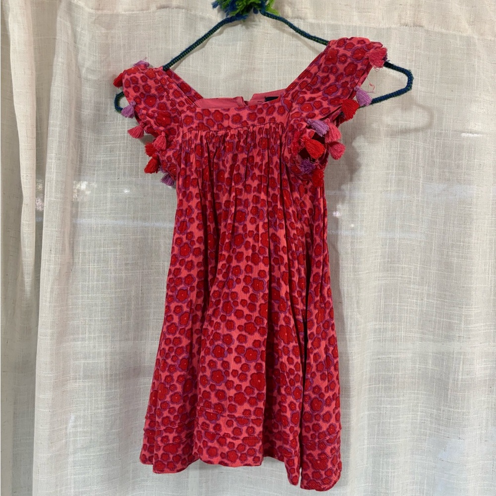 French Connection Pink Red Floral Tassel-Shoulder Dress